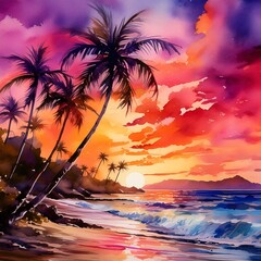 Watercolor Painting of Tropical sunset by the ocean, palm trees silhouetted against the evening sky, creating a paradise vacation scene