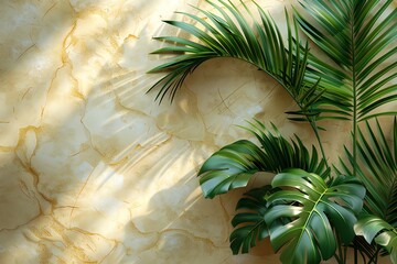 3d rendering of shadow from palm leaves on beige marble wall background with copy space, top view Abstract tropical nature theme