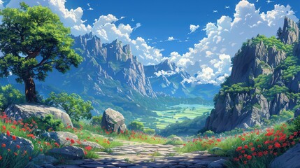 mountain valley view, beautiful white clouds and blue sky