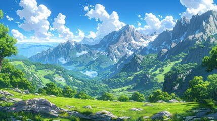 Naklejka na ściany i meble mountain valley view, beautiful white clouds and blue sky