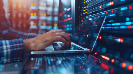 Close-up of man's hands working on laptop in server room