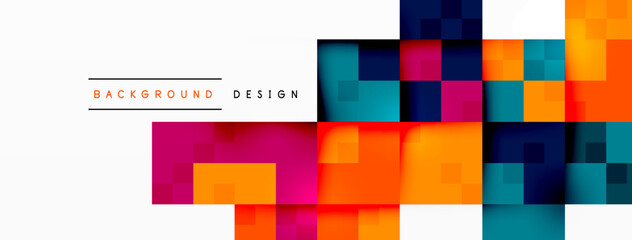 Vibrant colorfulness fills the abstract background with rectangles in magenta and electric blue on a white canvas. A symmetrical pattern of squares creates a dynamic and parallel design