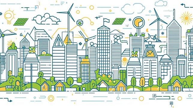 Vector horizontal line art illustration of eco cityscape with alternative energy Seamless pattern with environmentally friendly city with roof greening, solar panels and windmills