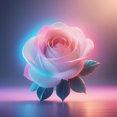 Pink rose on blue background, surrounded by petals and leaves, symbolizing love and beauty in nature's romantic embrace