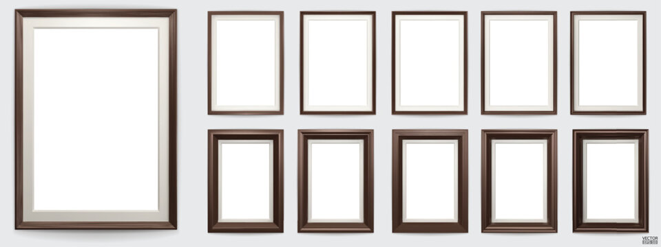 Set of dark brown modern frame isolated on white background. Realistic rectangle frames mockup. Classic Photo wooden frame. Borders set for painting, poster, photo gallery. 3d vector illustration.