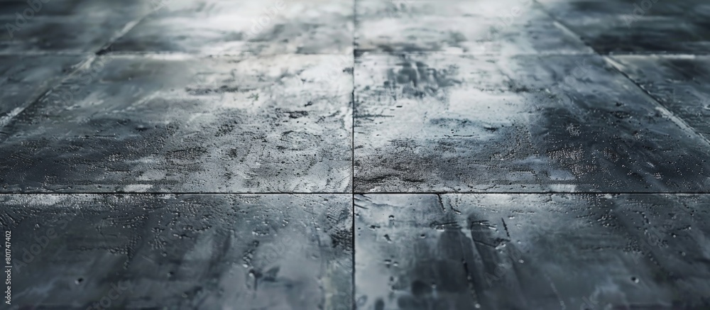 Poster close up view showing a section of a floor with a black tile, the surface appears to be wet and shin