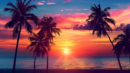 a stunning sunset over calm blue waters and a clear blue sky, with a tall palm tree in the foregrou