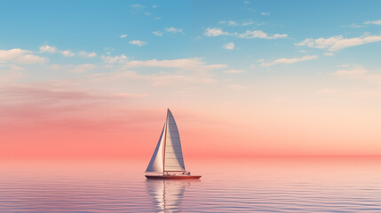 A long shot of sailing boat on clean pastel