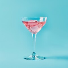 pink cocktail in glass on blue background