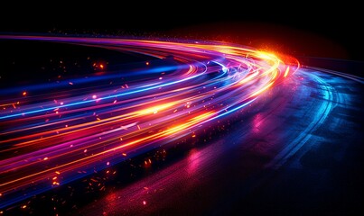 Abstract background with colorful light streaks on a dark black backdrop, with fast speed motion blur in a night city or of digital technology concept A highspeed road or speedway race background