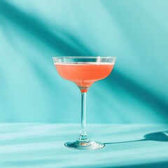 pink cocktail in glass on blue background