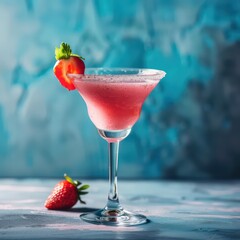 pink cocktail in glass on blue background