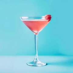 pink cocktail in glass on blue background