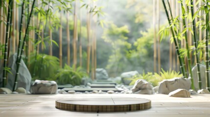 Natural Bamboo Podium, front view focus, with a Zen Garden Background, ideal for wellness and spa product displays