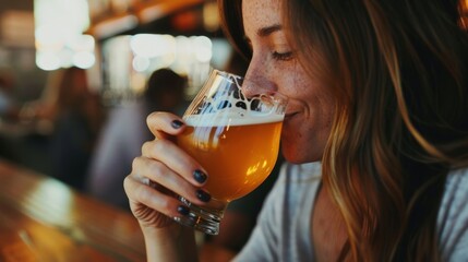 A woman excitedly smelling a glass of craft beer before taking a sip.