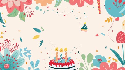 A colorful birthday themed illustration with cake and decorations