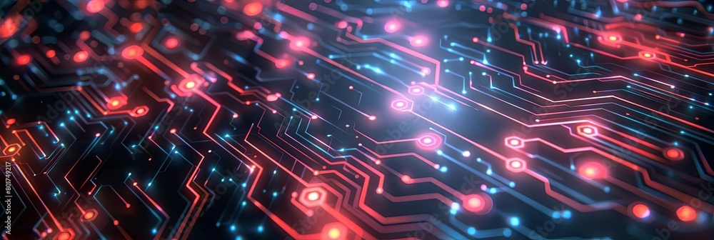 Poster an abstract background of electronic circuitry featuring a red light