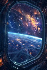 Experience the magnificent sight of a space station window, revealing a sprawling galaxy filled with twinkling stars and distant celestial objects, creating a mesmerizing cosmic tableau.
