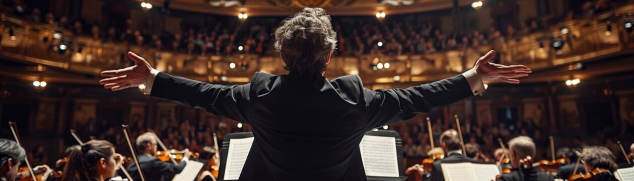 The conductor, with arms outstretched in fervent movement, guides the symphony orchestra in a magnificent performance on the elegant stage of a renowned music venue, eliciting awe from the spectators.