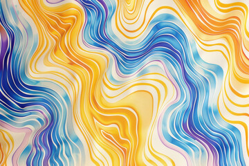 A pattern of colorful, thin lines in varying shades of yellow and blue on white paper, creating an optical illusion that appears to undulate like waves or liquid flowing across the surface.
