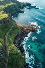 Aerial perspective of Giant's Causeway captured by a drone.