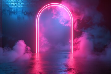 Abstract background with neon lights and smoke in the shape of an arch on a dark concrete floor A neon podium display for product presentation in the style of blue and pink colors