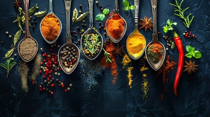 Multicolored spices and herbs in metal spoons on dark background in top view. Spices for cooking with Colorful photos in a natural style
