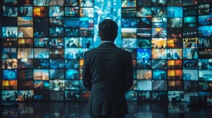 Businessman in the back is watching various media on the wall, including TV monitors and online advertisements - illustrating the modern communication and technology in businesses.
