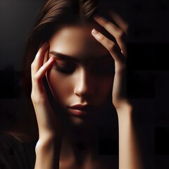 Fototapeta premium A woman having a headache, with the rim light. The background is black