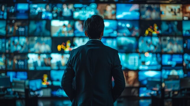 Businessman in the back is watching various media on the wall, including TV monitors and online advertisements - illustrating the modern communication and technology in businesses.