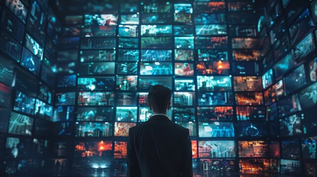 Businessman in the back is watching various media on the wall, including TV monitors and online advertisements - illustrating the modern communication and technology in businesses.