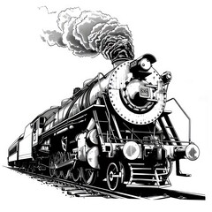 Obraz premium old steam locomotive, black and white draw on white background