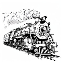 old steam locomotive, black and white draw on white background