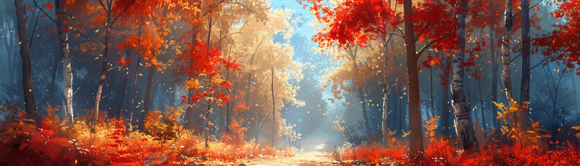 Artwork depicting a stunning fall woodland landscape, drawing.