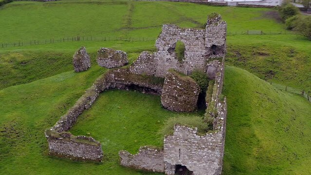 Slow-motion aerial orbit of Clonmacnoise castle, detailed view. County Offaly