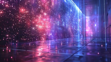 Modern office with dynamic visual effects emanating from a luminous display, digital illustration in a unique artistic medium