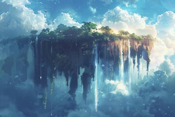 Imaginary realm featuring a cascading waterfall and hovering boulders, cinematic artwork