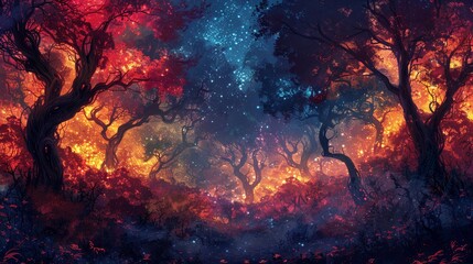 Imaginary woodland featuring surreal trees, artistic composition.