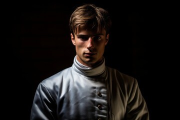 Fototapeta premium A Fencer's Resolute Gaze: Poised and Ready, Captured in the Quiet Moment Before the Clash at the Hall of Blades