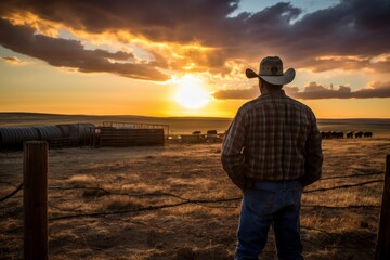 A Solitary Rancher Stands Proudly Before His Expansive Cattle Farm as the Sun Sets on the Western Horizon