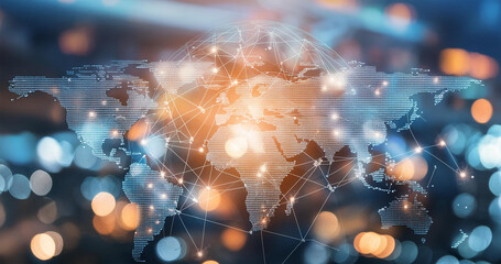 3D render of global business and communications areas linked together, 4K resolution