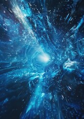 cosmic stars swirl, geometric shapes rushing forward on blue and dark color 