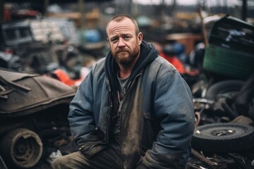 Fototapeta premium A Solemn Gaze Amidst the Chaos: A Poignant Portrait of Resilience in the Heart of a Sprawling Junkyard