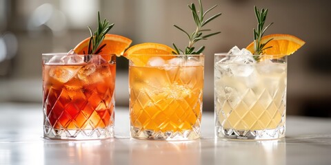 cocktails side by side on a table on white background