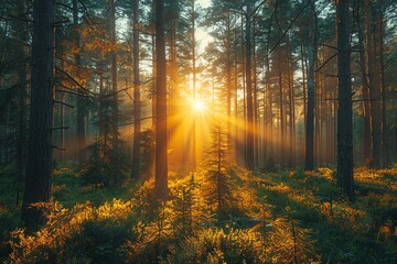 Fototapeta premium Beautiful summer forest landscape with sun rays shining through trees in the green pine and spruce tree foliage at sunrise or sunset
