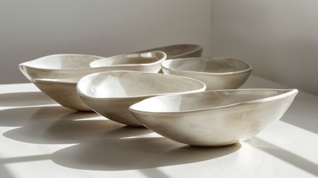 A set of handcarved ceramic dishes each formed from a single block of clay and featuring a smooth shiny finish..