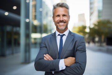 Fototapeta premium A Confident Business Professional Smiling Proudly in Front of the Gleaming Glass Facade of a Modern Accounting Firm