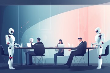 a cartoon of people sitting at a table with a red and blue background.