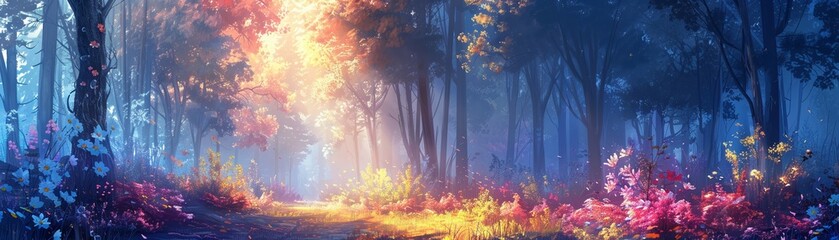 Vivid woodland, stunning scenery during the spring season, artistic depiction