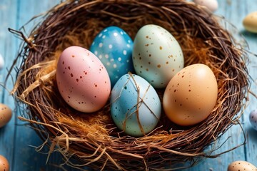 Naklejka na ściany i meble Easter eggs in nest, festive holiday spring season concept
